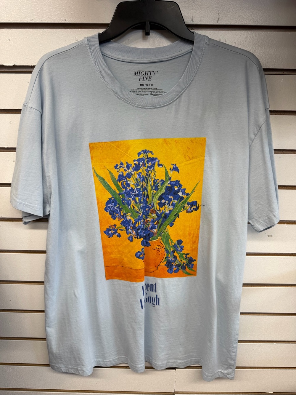 Mighty Fine Light Blue Tee with Bold Yellow & Blue Iris Artwork
